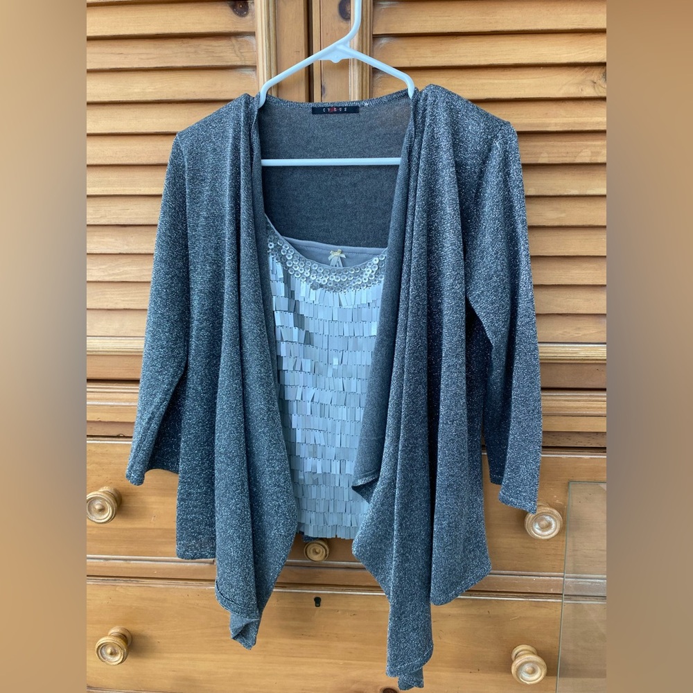 Silver sparkle on charcoal knit waterfall front cardigan, 3/4 sleeves